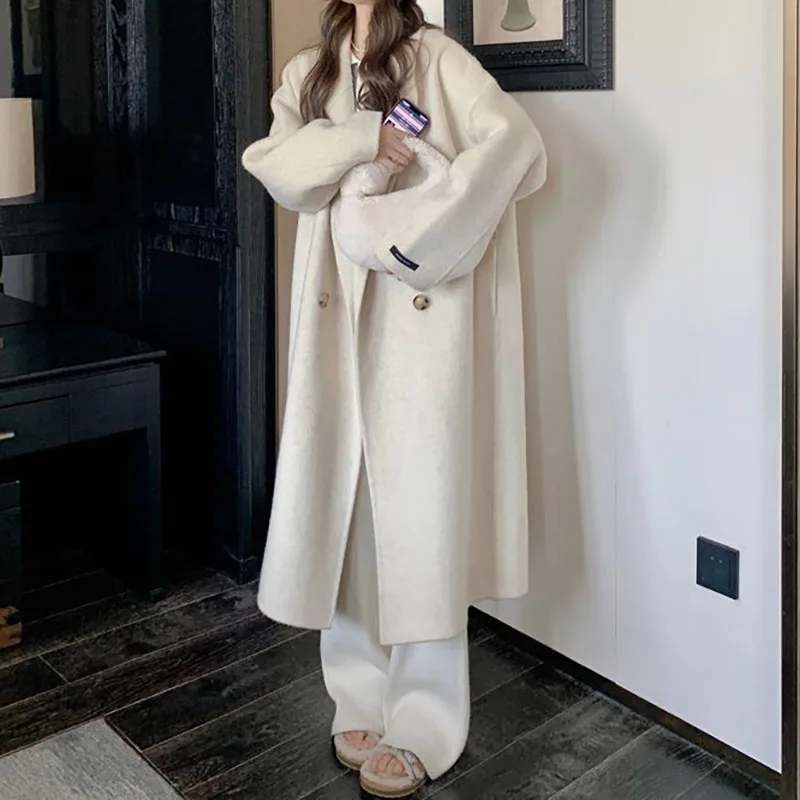 

Женское шерстяное пальто, длинное двубортное пальто с длинным рукавом, верхняя одежда в Корейском стиле для зимы