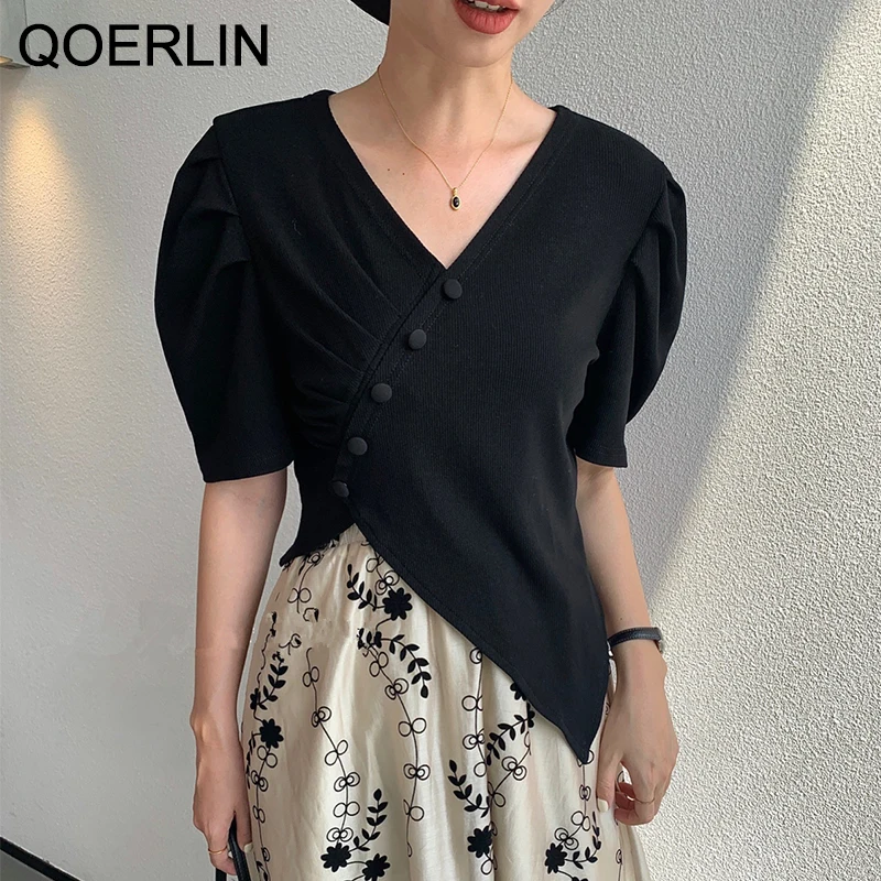 

QOERLIN V Neck Design Irregular Slant Button Top Shirt Fashion Slim Fit Stretch T-Shirt Short Sleeve Black White Puff Sleeve Tee