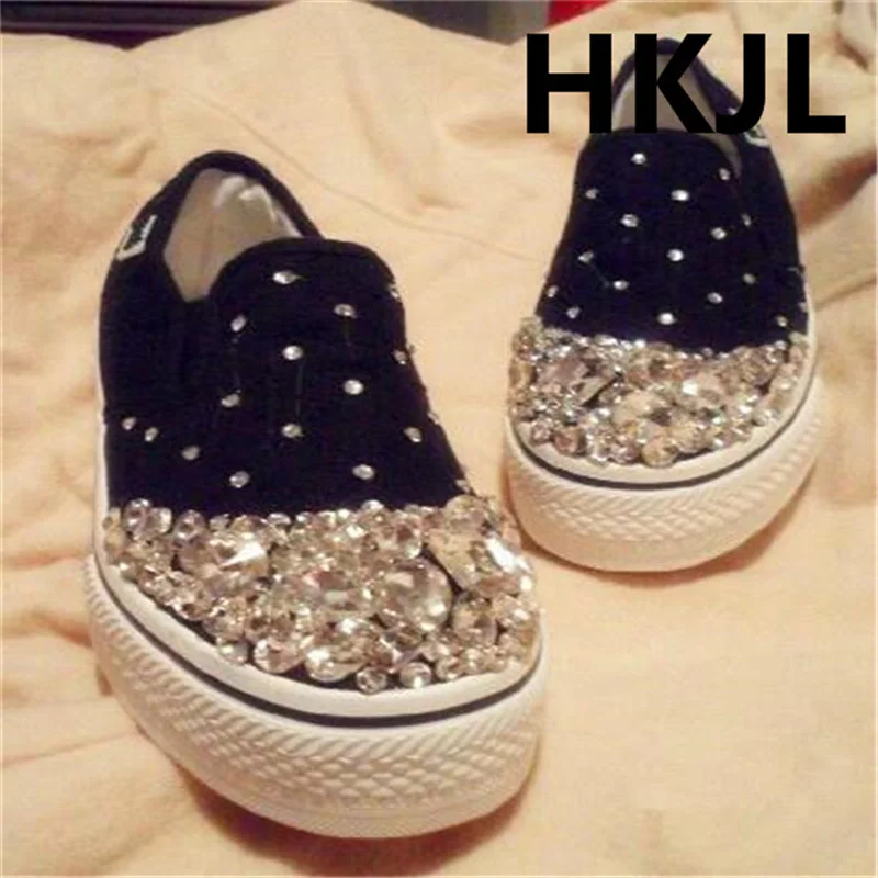 

Handmade custom rhinestone glass sequins slip-on canvas shoes comfortable casual flat shoes 35-40