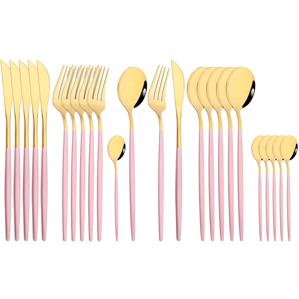 

Drmfiy 24pcs Pink Gold Dinnerware Set Stainless Steel Tableware Set Knife Fork Spoon Flatware Set Silverware Set Bright Light