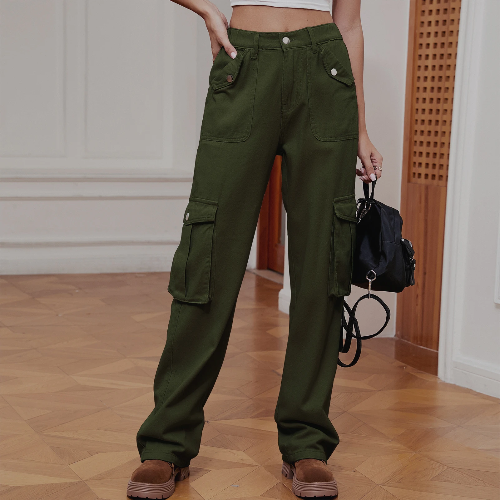 

Women Denim Cargo Pant Pocket Wide Leg Cargo Trousers Loose Pocket Hippie Sweatpant Cool Elastic Waist Zipper Vintage Streetwear