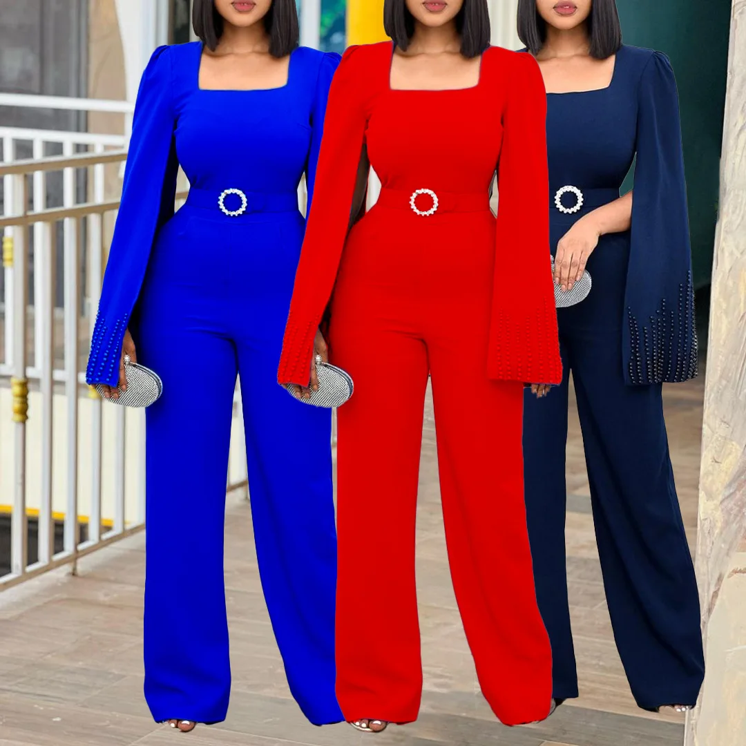 2022 African Jumpsuit Summer African Women Polyester Red Blue Dark Blue Three Colors Long Jumpsuit African Clothes with Belt