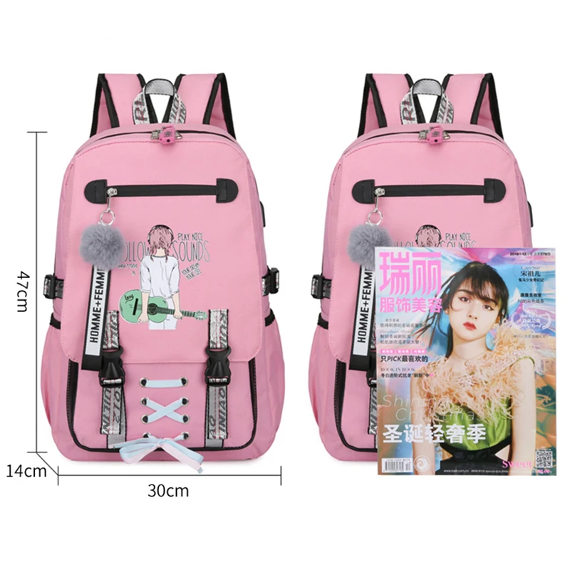 Pink Canvas Backpack Women School Bags For Teenage Girls Preppy Style Large Capacity USB Back Pack Rucksack Youth Bagpack 2021