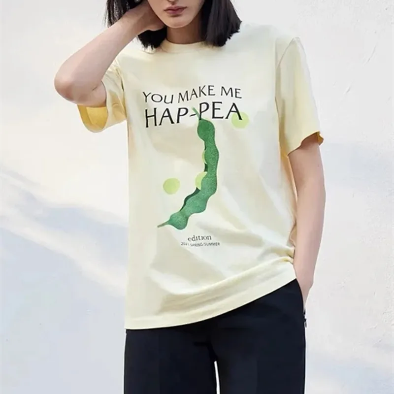 

Pea Print Women Cotton T-shirts Niche Fun Letter Short-sleeve Top Casual Simple O-neck T-shirt 2022 Spring Summer