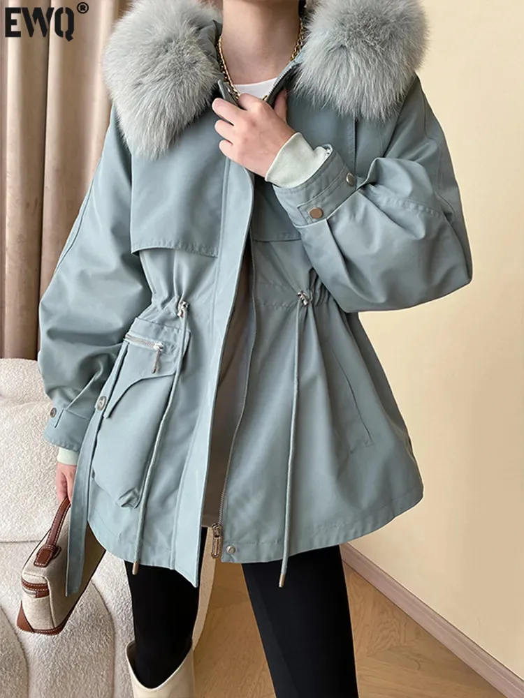 

[EWQ] fox fur Plush Hooded Thick Down Parka Women Drawstring Elastic Waist Long Sleeve Fashion Coat 2023 Autumn Winter New U5127