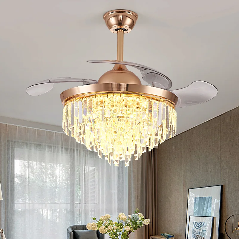 

Art Led Celing Fan Pendant Lamp Light Chandelier Crystal dining living room luxury postmodern stealth ventiladores de techo