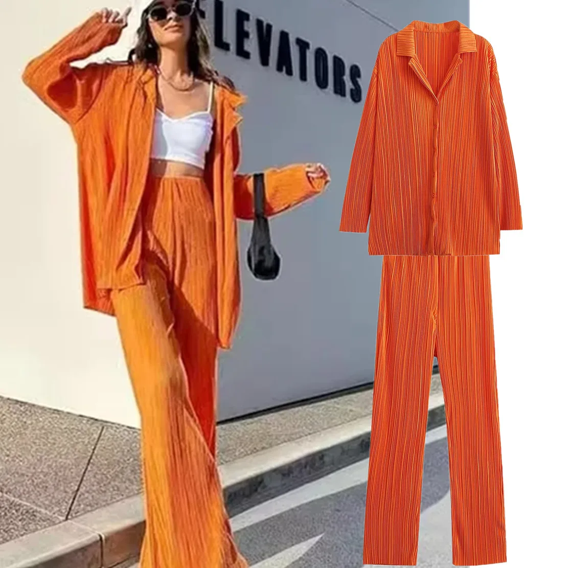 

Dave&Di Ins Fashion Blouse Blogger Vintage Pleated Texture Orange Color Loose Shirt And Harem Pants Casual Sets Women