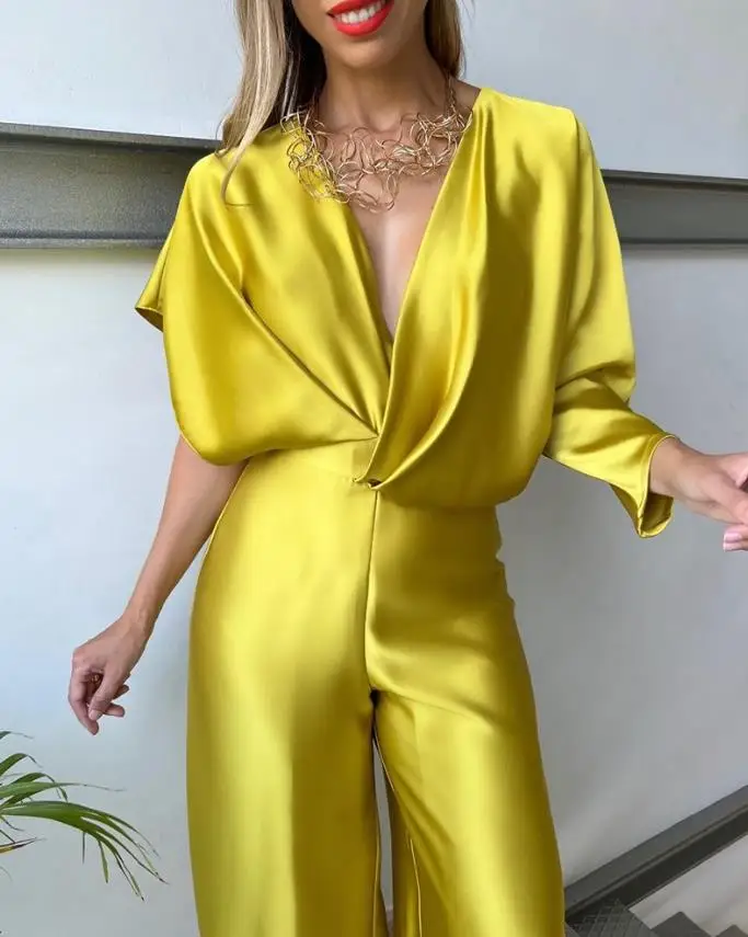 Women's Jumpsuit 2023 Spring Fashion Satin Asymmetrical Sleeve Plunge Plain Short Sleeve Backless Wide Leg Tied Detail Jumpsuit