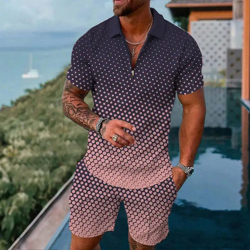 2023 Summer Fashion Sports Suit Zipper Polo Shirt 2-piece Men's Oversized Business Casual Print Suit Men Clothing Oversized Size