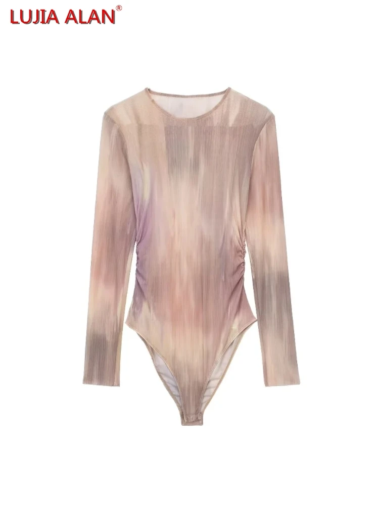 

New Women Tie-dyed Printed Mesh Cloth Bodysuits Casual Long Sleeve Pleated Slim Tops LUJIA ALAN T1758