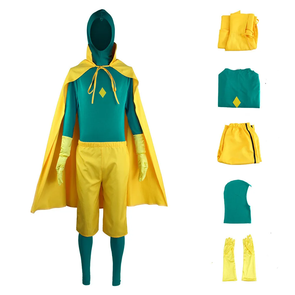 Takerlama Superhero Cosplay Jumpsuit with Yellow Cloak Cap Adult Halloween Costume Bodysuit Shorts Gloves Outfits Sets |