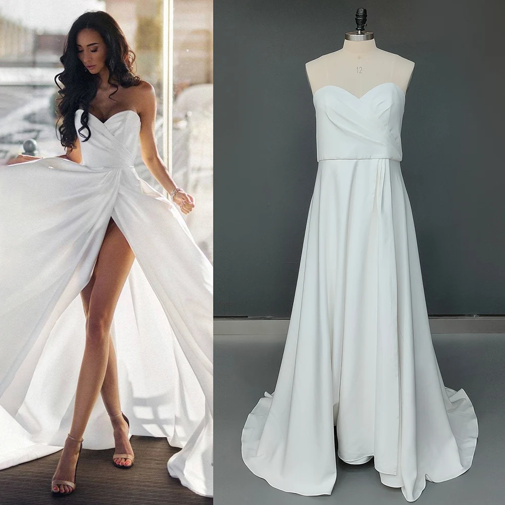 

Sweetheart Crisscross Ruched Satin Bridal Gowns High Split Custom Made A Line Simple Minimalist Strapless Sexy Wedding Dress