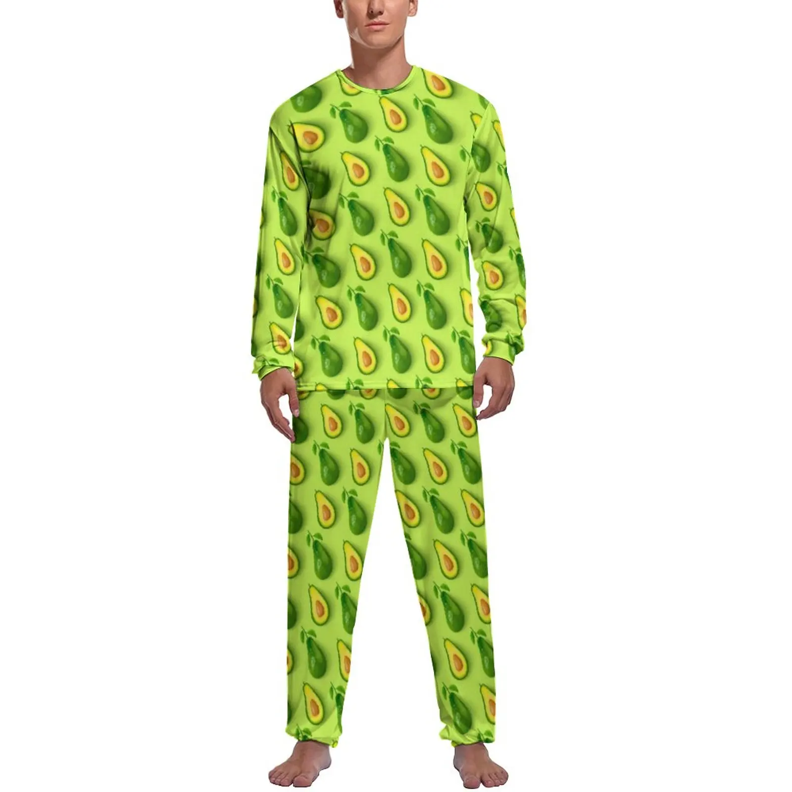 

Green Avocado Pajamas Man Cute Fruit Print Kawaii Sleepwear Winter Long-Sleeve 2 Pieces Bedroom Custom Pajama Sets