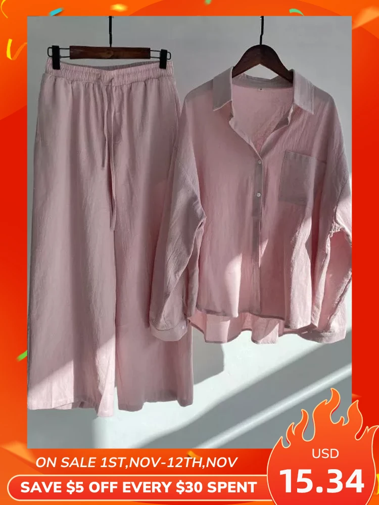 

Casual Plain Collar Long sleeve Pocket Daily Shirt Pants Pant Sets Women Tracksuit Sets Oversized Blouse and Wide Leg Pants 2