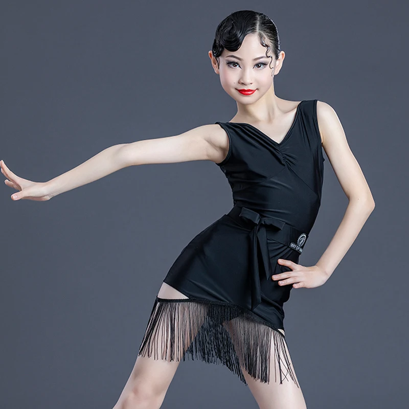 

Latin Dance Dress Kids Girls Practice Training Dancewear Cha Cha Samba Ballroom Dance Competition Dress Fringe Dress DNV16727