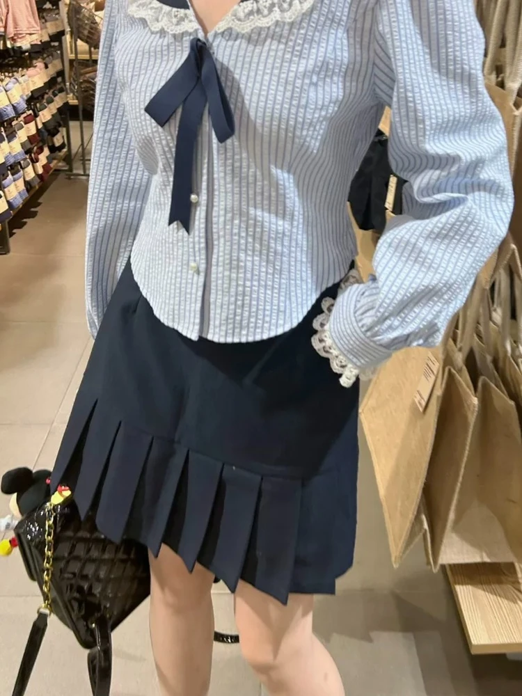 

HOUZHOU Kawaii Sweet Striped Tees Top Women Japanese Fashion Lace Ruffle Bandage Sailor Collar T Shirts Soft Grl Preppy Style