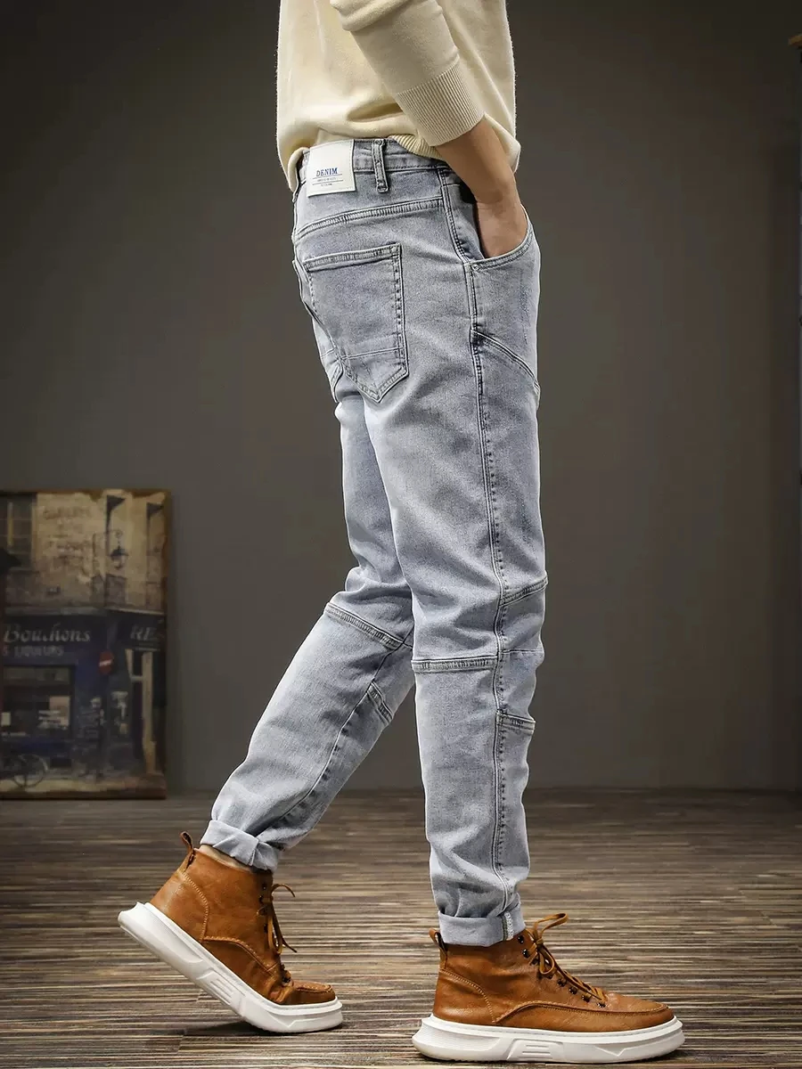 Streetwear Fashion Men Jeans Retro Light Blue Stretch Slim Spliced Biker Jeans Homme Hip Hop Pants Men Elastic Vintage Trousers