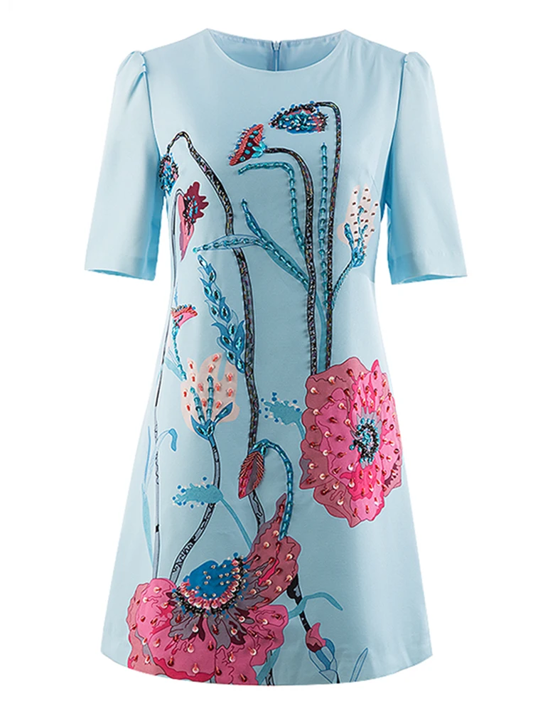 

2022 Summer Designer Dress Women Blue Flowers Printed Beading Crystal Luxury Short Sleeve Elegant Ladies Party