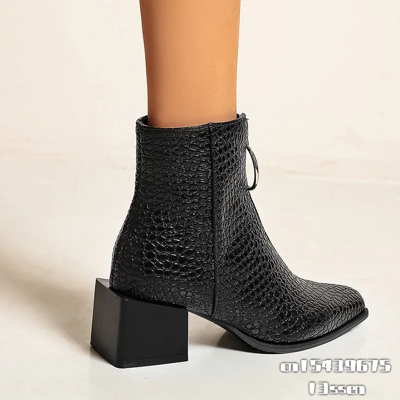 Size 34-48 Ankle Boots Women Silver Black Front Zipper Short Boots Ladies Thick Chunky Medium Heeled Biker Boot Shoes