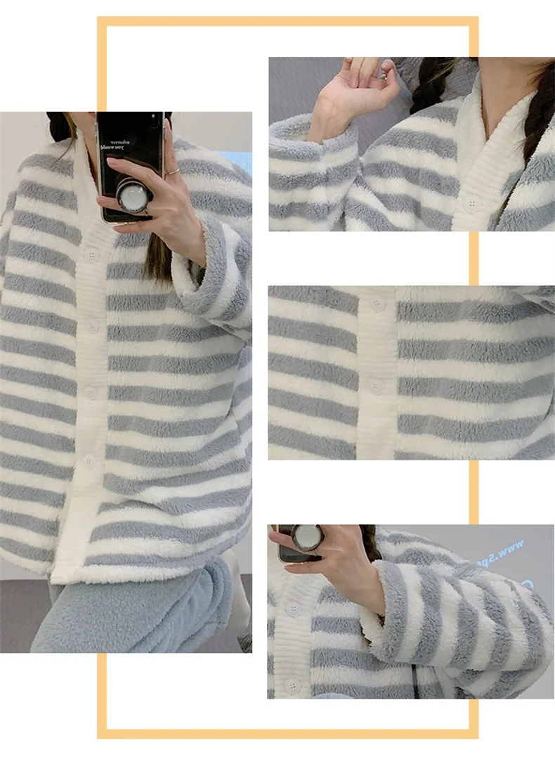 Yasuk Winter Women Girl Casual Warm Soft Sleepwear Pajamas With Pant Velvet Fleecel Cute Thick Pocket Simple Grey Stripes