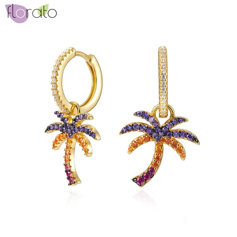 

925 Silver Needle Palm Tree Hoop Earrings for Women Pave Colorful Crystal Coconut Tree Earrings Chilli Pendant Earrings Jewelry