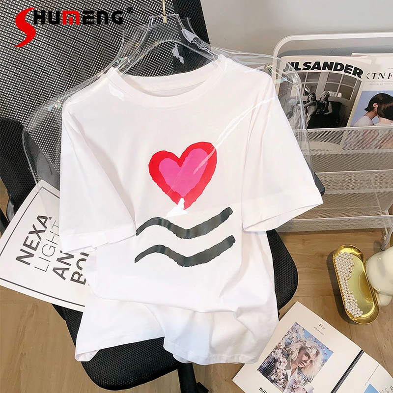 

Sweet Pink Love Short-Sleeved T-shirt Women Summer 2022 New Korean Printed Base Cotton Tshirt Top Ladies White Graphic T Shirts