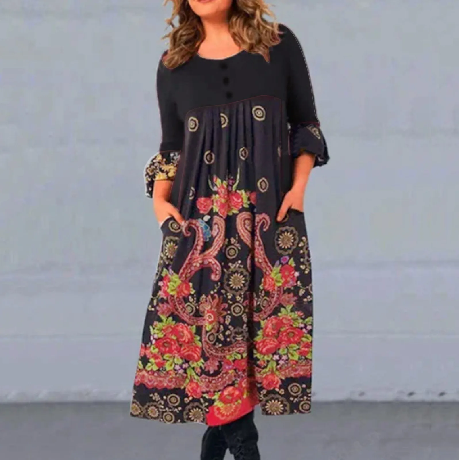 

Женское модное платье с длинным рукавом и принтом позиционирования, длинная юбка с карманами и круглым вырезом, хлопковые платья для женщин...