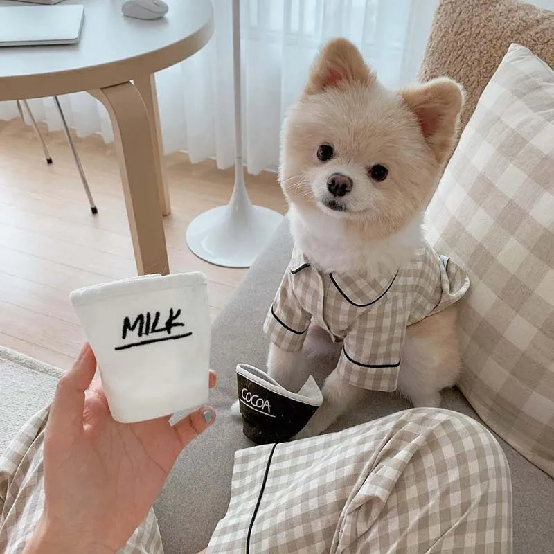 

Wind Korean Non-printed Plaid Khaki Blue Pocket Pajamas Dog Home Clothes Pet Bichon Teddy Clothes
