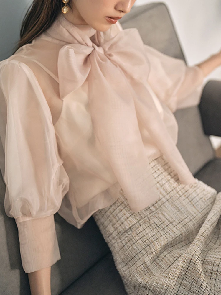 

2022 New Spring Summer Women Bow Slim Fit Chiffon Sweet Blouse Japan Style Elegant Ladies Solid Color Half Sleeve Shirts Tops