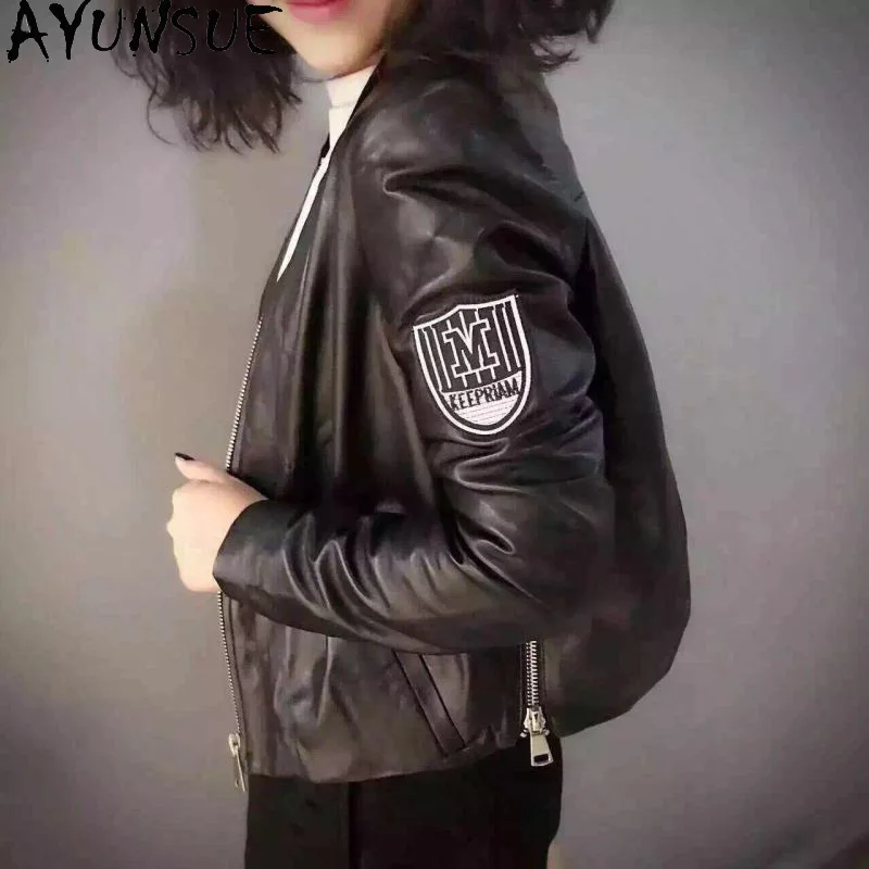 AYUNSUE Fashion Sheepskin Genuine Leather Jacket Women Clothes Black Short Leather Coat Motorcycle Leather Coats and Jackets Zm