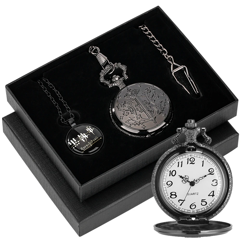 Anime Fashion Black Butler Quartz Pocket Watch Sets Antique Fob Chain Pendant Pocket Clock Set Gifts for Anime Boy Girl