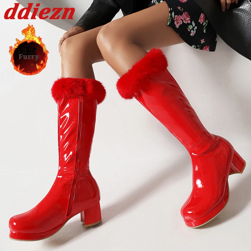 

Winter Fur Boots For Women New 2023 Fashion Elegant Ladies Mid Calf Boots Heel Shoes Zippers Female Pumps Casual Outdoor Booties