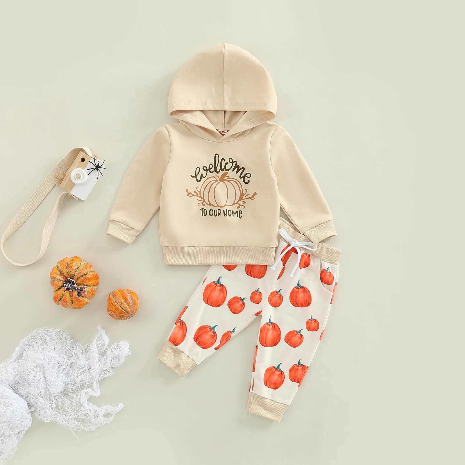 

TR New Autumn Halloween Toddler Baby Girls Outfit Long Sleeve Letter Hooded Tops + Pumpkin Printing Pants Clothes Set
