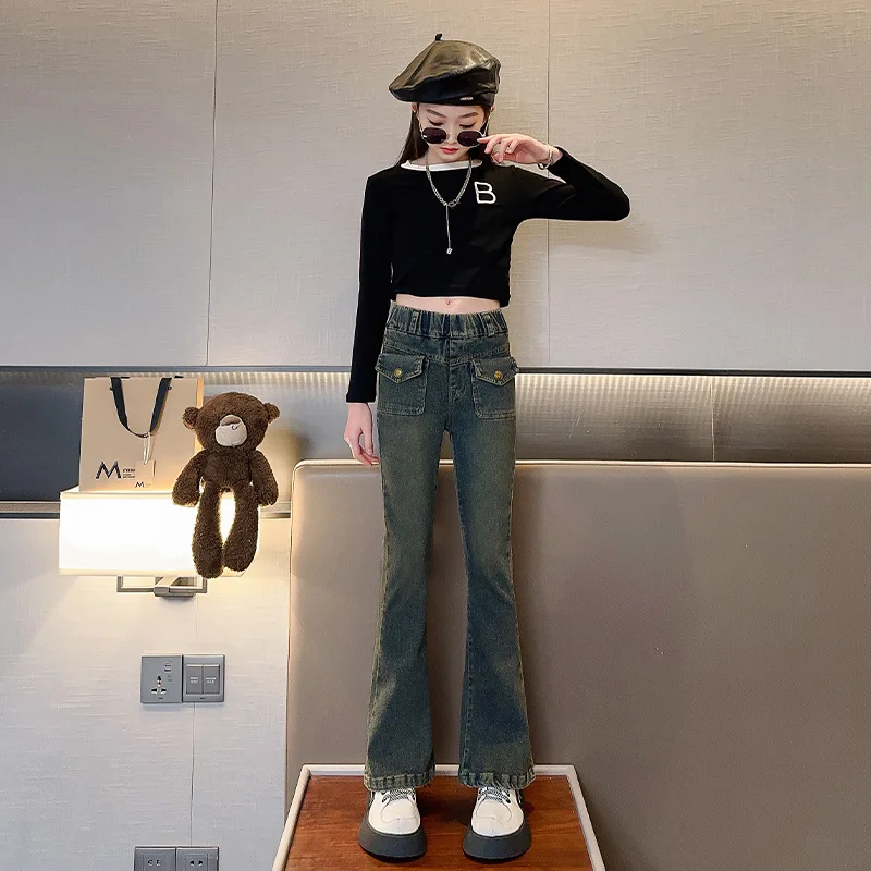 spodnie dla dziewczynki Dziewczęta Wiosna i jesień Zestaw 2024 Nowa moda średnich dużych dzieci Rozciągliwe wąskie rozkloszowane modowe