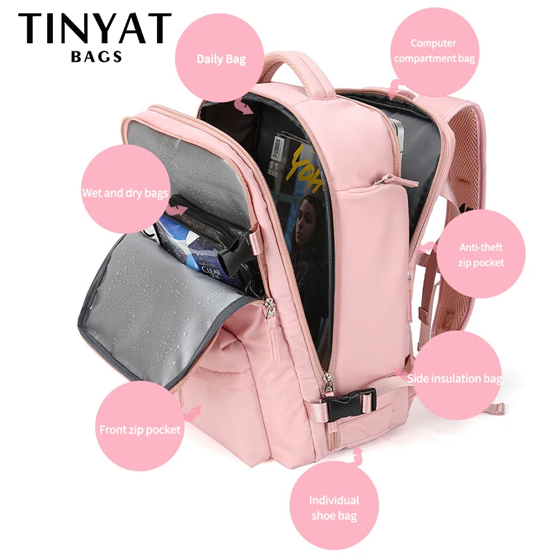 TINYAT Travel Backpack For Women Large Capacity Laptop Backpacks Waterproof Sports Yoga Luggage Bag Multifunction Ladies Bags