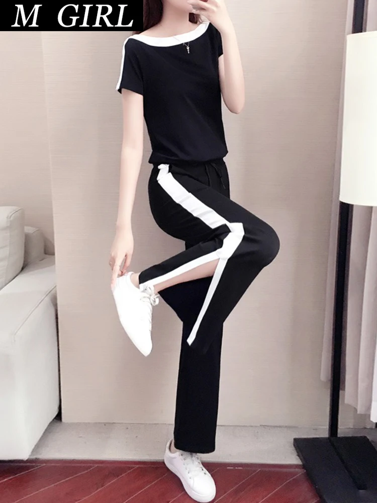 

M GIRLS Summer Outfits Pants Two Piece Sets For Women 2023 Casual Slash Neck Short Sleeved T Shirts+Split Wide Leg Trousers Tops