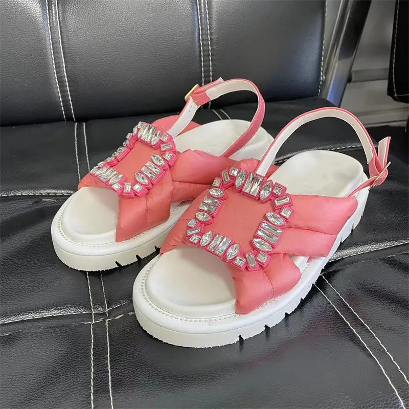 2023 Summer New Style Women Shoes Shiny Crystal Flat Fashion Casual Female Sandals Round Toe Breathable Peep Toe Lady Footwear