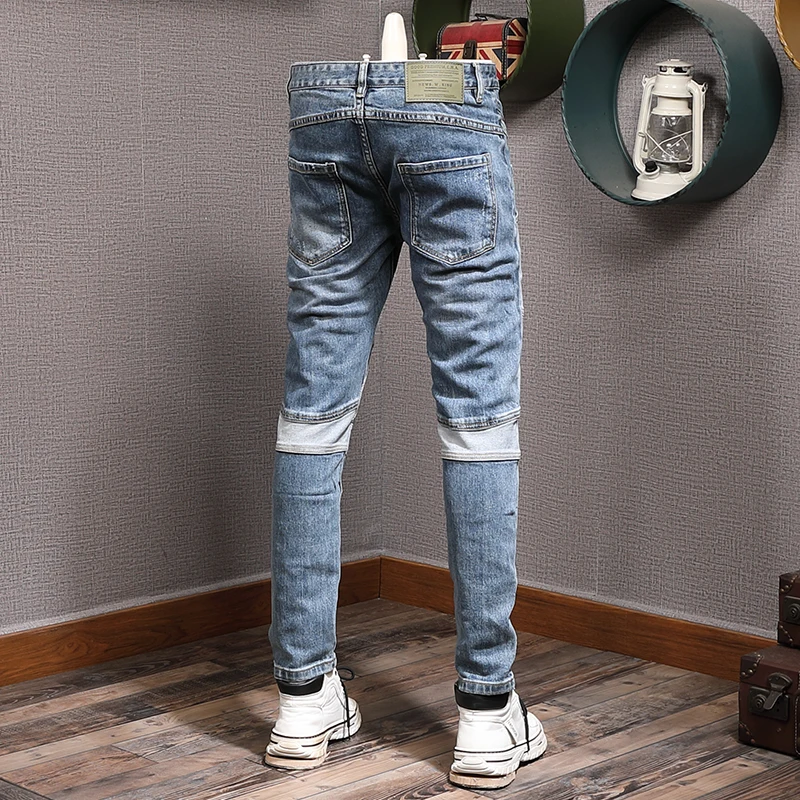 Streetwear Fashion Men Jeans Retro Blue Spliced Designer Slim Fit Ripped Jeans Men Elastic Vintage Trousers Hip Hop Pants Hombre