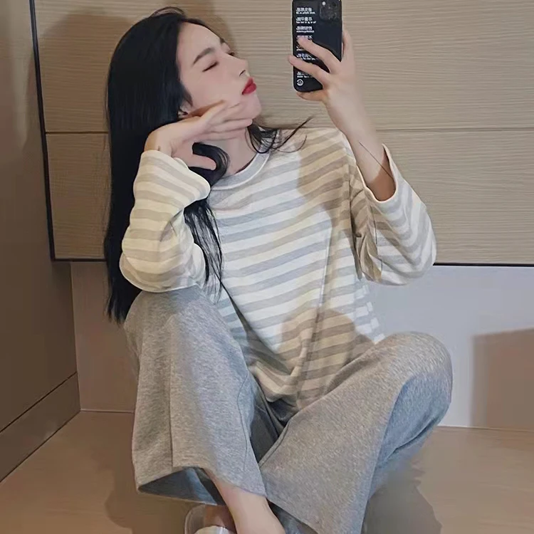 CAIYIER 2022 Women Stripe Print Korean Nightwear Autumn Winter O-Neck Leisure Sleepwear Female Sweet Kawaii Soft Pyjamas Mujur