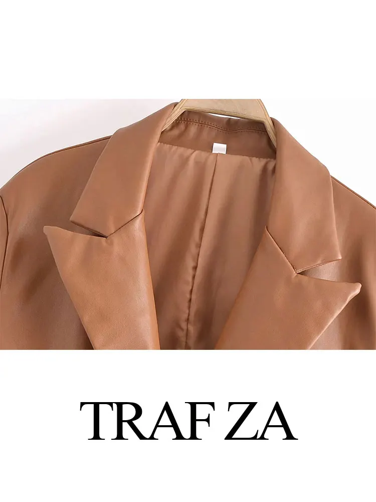 TRAF ZA Women's Fashion Pu Leather Jacket Solid Vintage Long Sleeve Blazer Coats Pocket Casual Loose Chic Female Streetwear