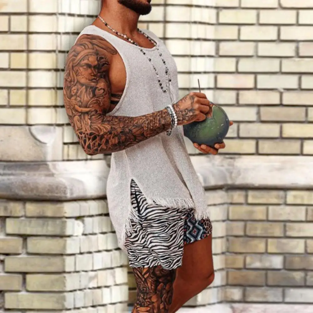 

Футболка мужская Трикотажная с круглым вырезом, Стильная Спортивная простая пляжная майка с бахромой, лето