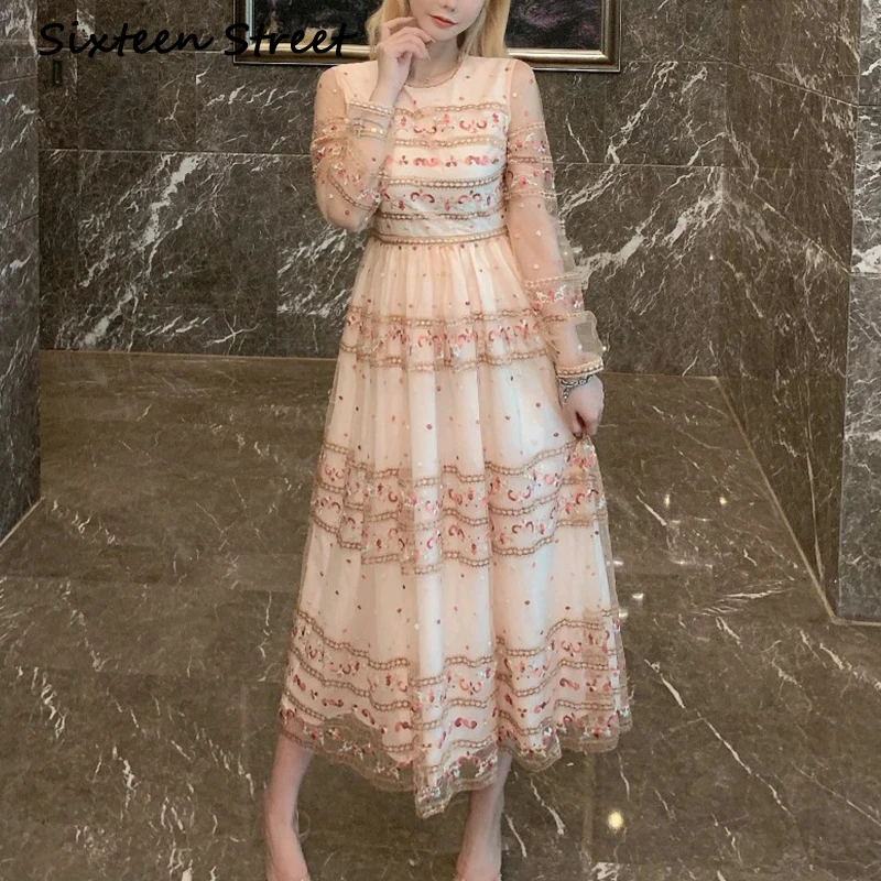 

Long Dress Women Lace Embroidery O-neck Full-sleeve Vintage Elegant Vestidos Autumn Summer Party Dresses Female 2022 Clothing