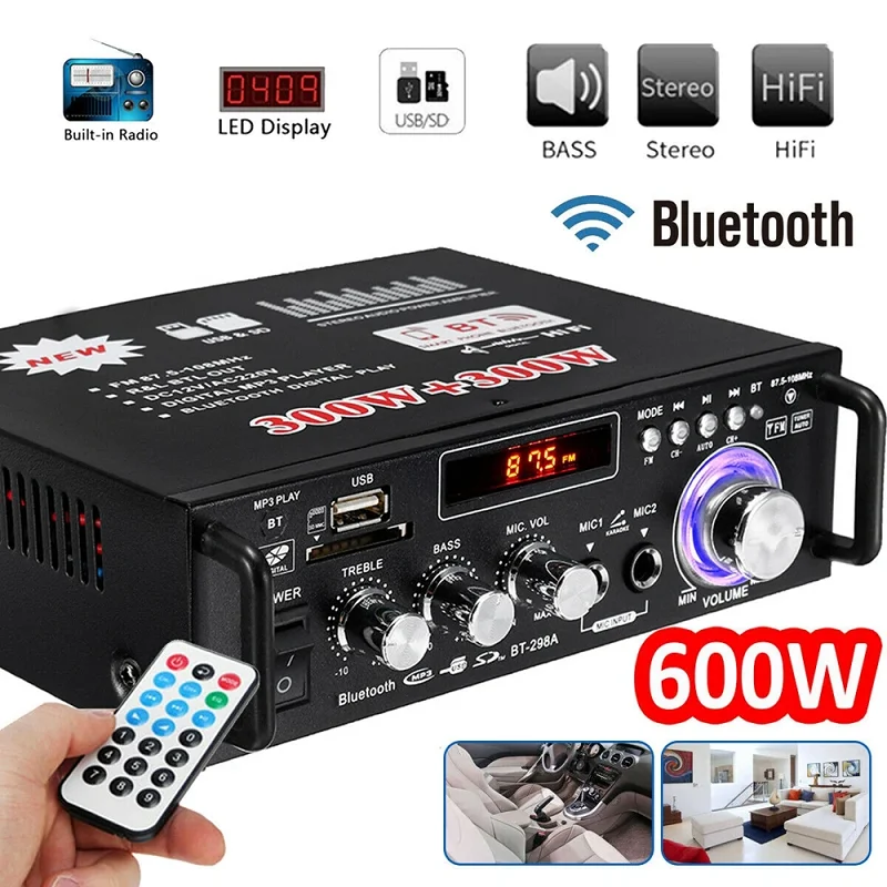 Фото Цифровой стереофонический усилитель мощности HIFI 300Вт+300Вт BT-298A с Bluetooth, 12В/220В №1