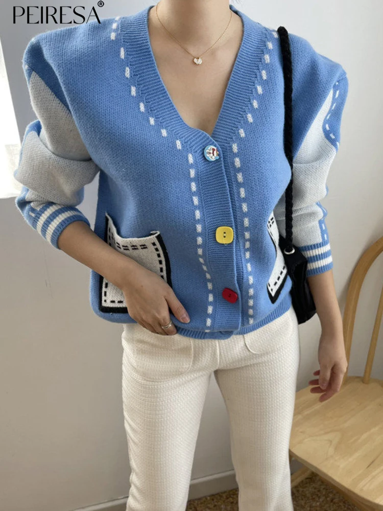 

PEIRESA 2023 Autumn Winter New V Neck Knitted Cardigans For Woman Color Block Single Breastsed With Pocket Sweater Knitwears