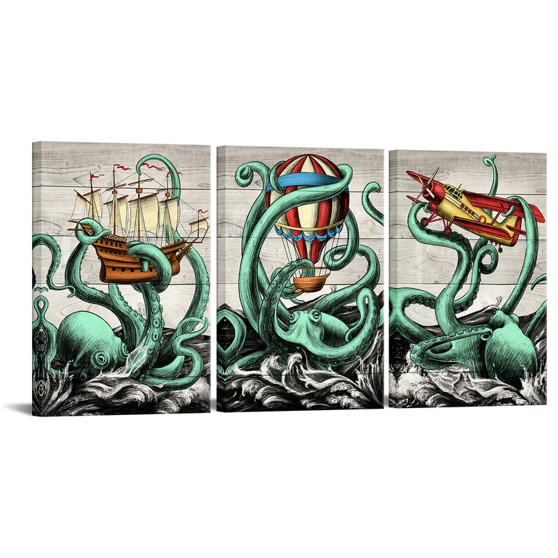 

3 Pieces Giant Octopus Posters Wall Art Abstract Animal Print Canvas Painting Modern Style Picture Living Room Wall Decor