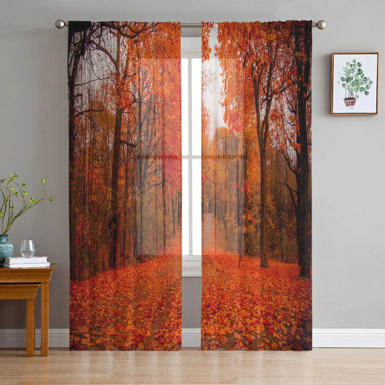 

Тюлевые прозрачные шторы с изображением леса, красных кленовых листьев, для гостиной, спальни, комнаты, кухни, Фотошторы