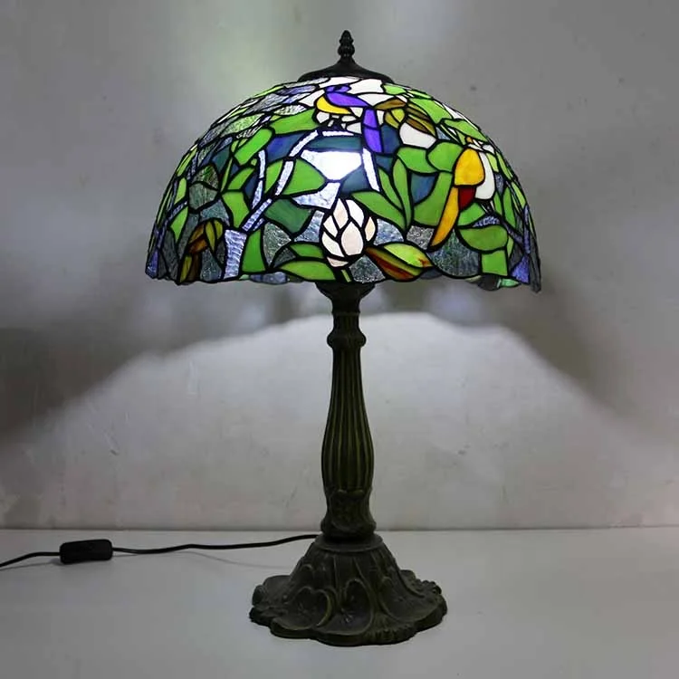 

LongHuiJing 16Inch Tiffany Table Lamps Birds Stained Glass Lampshade Antique Art Style Desk Lamp With Lotus Metal Base