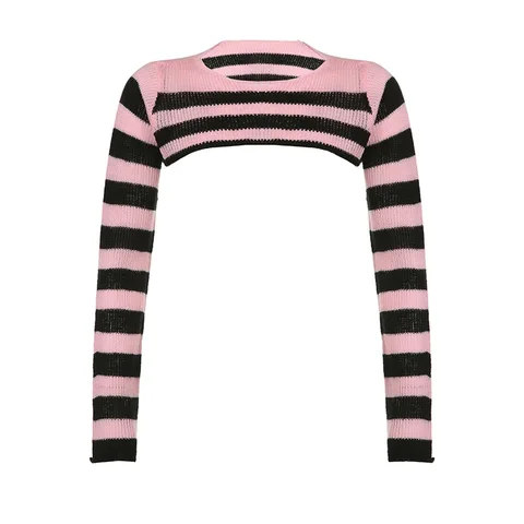 Y2K Kawaii Hot Sweet Girl короткий свитер черный розовый полосатый пуловер с длинным рукавом в японском стиле женские трикотажные короткие топы
