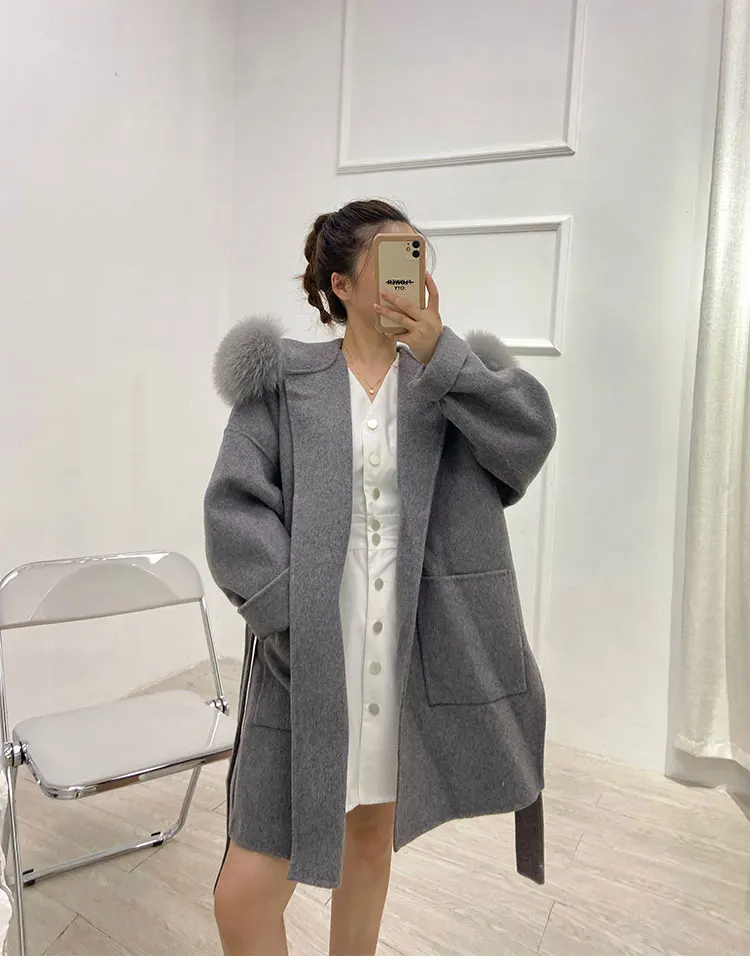 Women Real Fur Coat Cashmere Wool Blends Winter Woolen Coat Natural Fox Fur Collar Hood Jacket Fashion Outerwear Belt Oversize enlarge