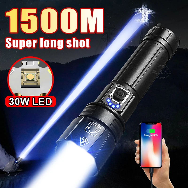 

Super Bright LED Flashlight High Power USB Rechargeable Torch Flash Powerful 30W Lantern Zoom With Battery 26650 Camping Lamp
